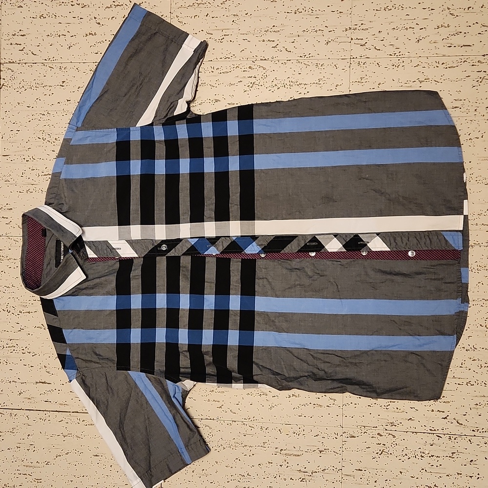 Emporio Armani Abstract Stripe Short Sleeve Button Down Dress Shirt